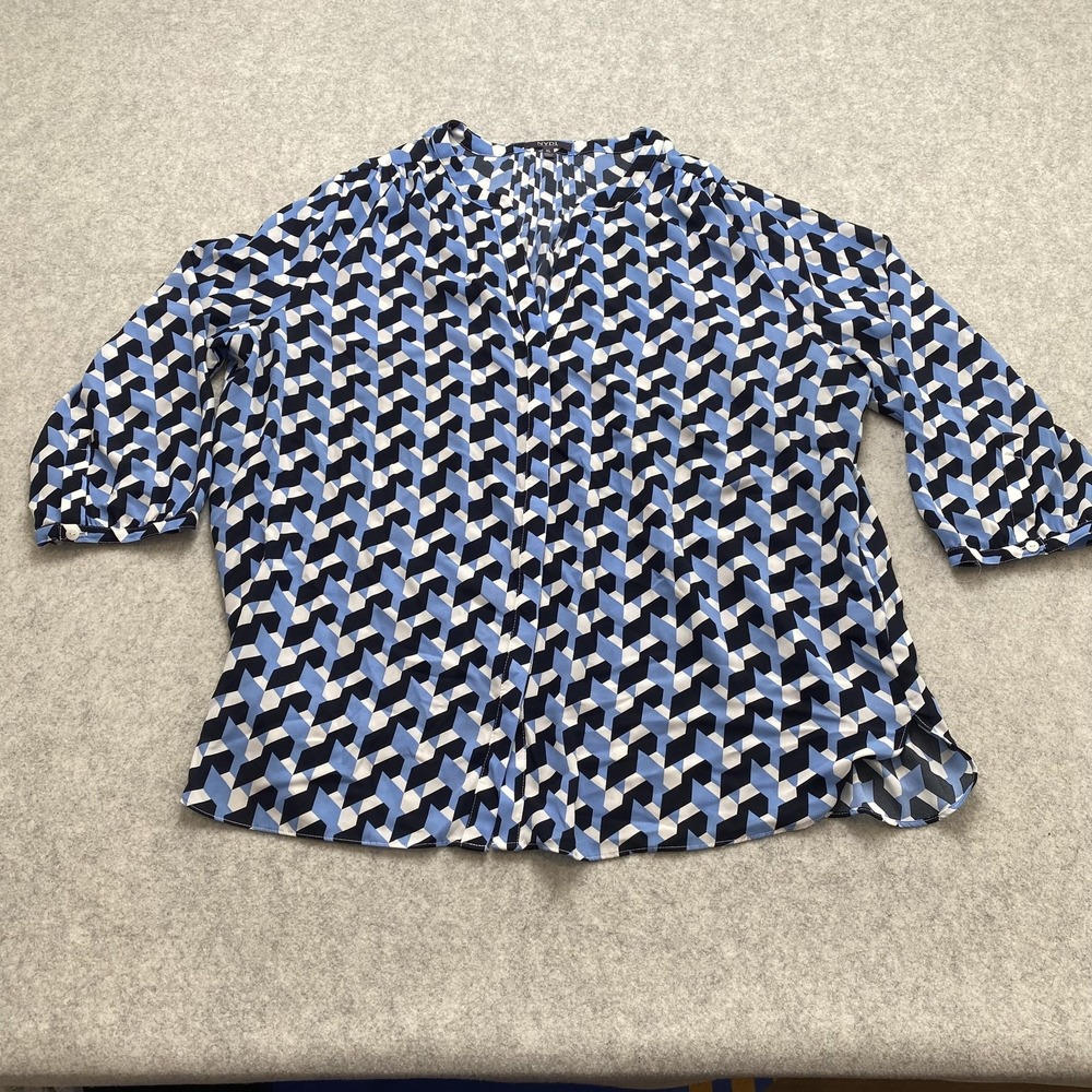 NYDJ Blouse Womens XL Blue Geometric Pleated V Neck 3/4 Sleeve Button Top